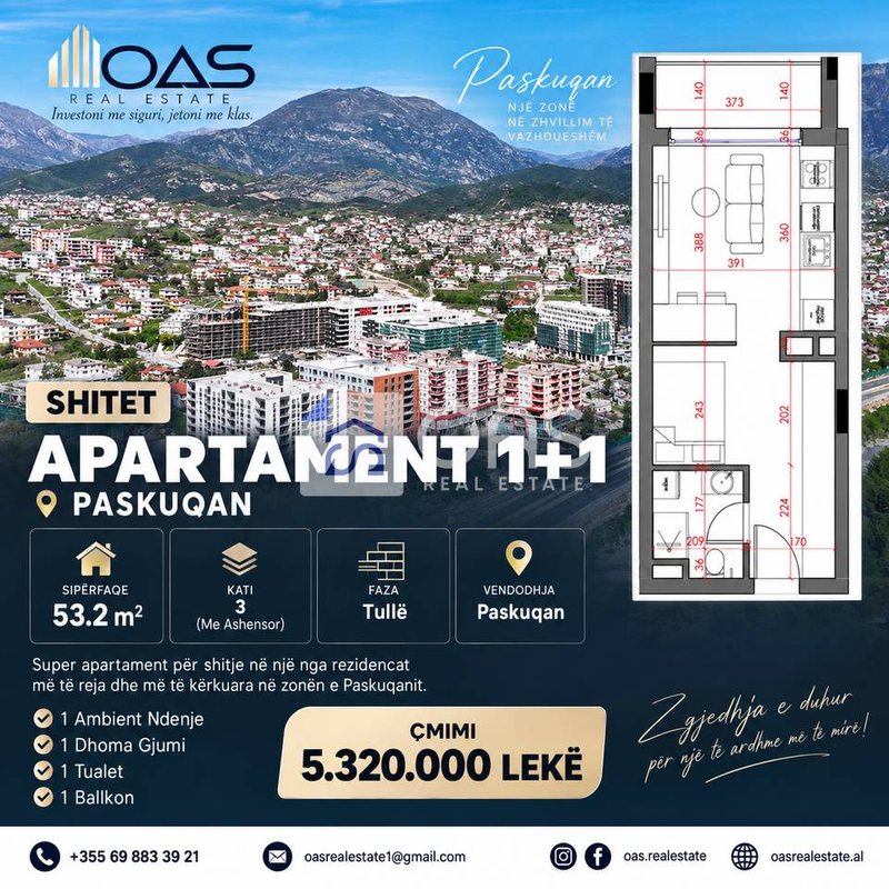 Apartament 1+1 në shitje në Paskuqan, Kamëz, 53 m²