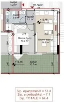 Apartament 1+1 në shitje në Hamallaj, Durrës, 64 m². Foto 3 nga 4