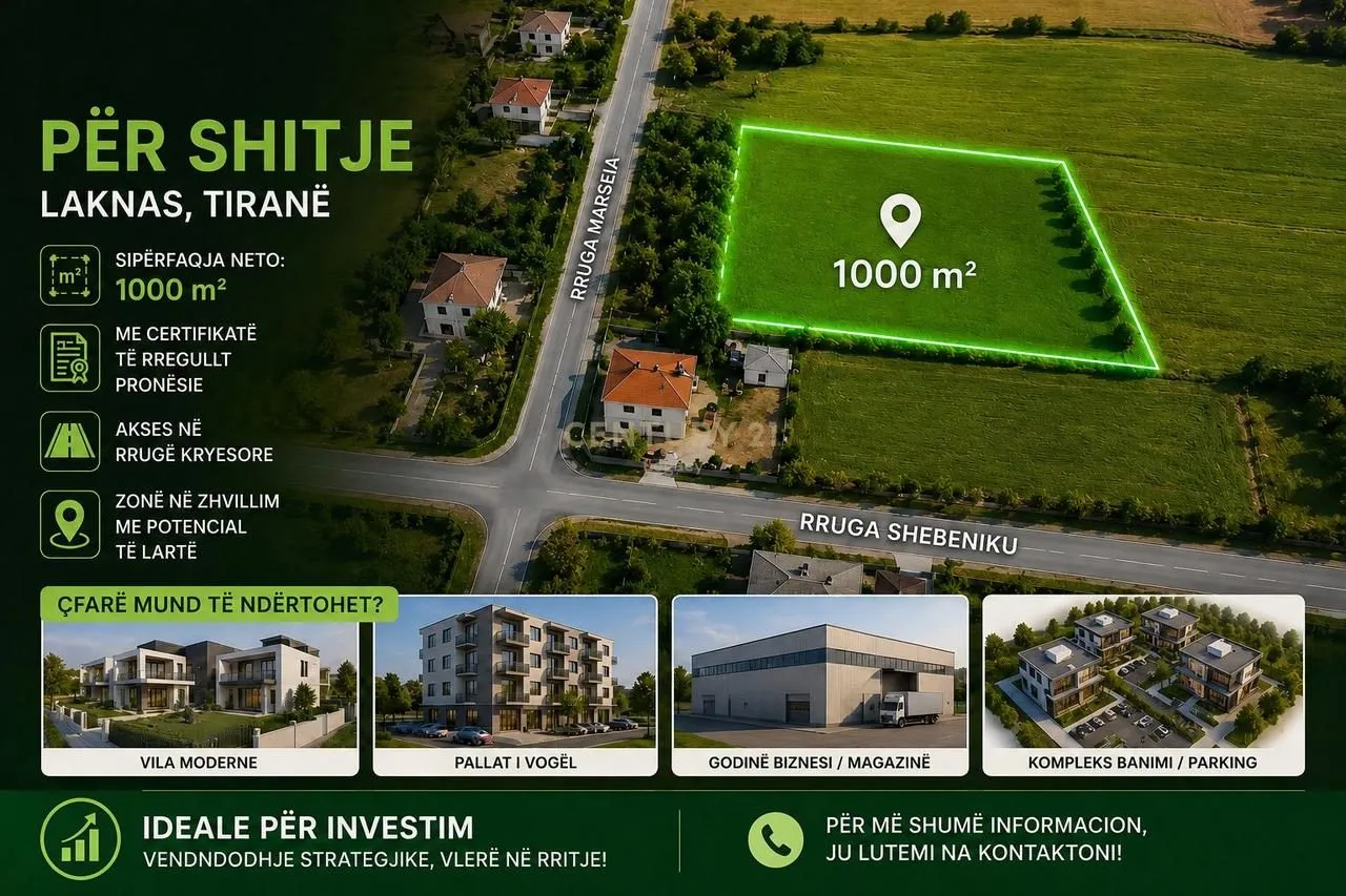 TokĂ« nĂ« shitje nĂ« Laknas, KamĂ«z, 1 000 mÂČ. Foto 1 nga 3