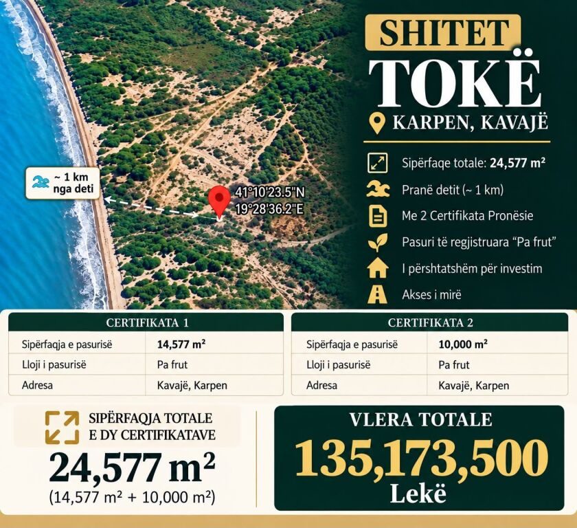 Tokë në shitje në Karpen, Kavajë, 24 577 m². Foto 1 nga 1