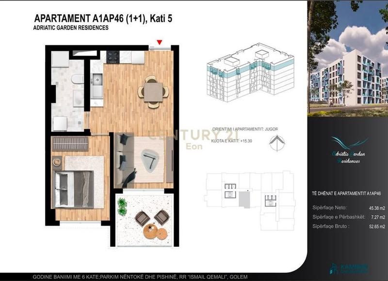 Apartament 1+1 në shitje në Garden Palace, Durrës, 52 m²