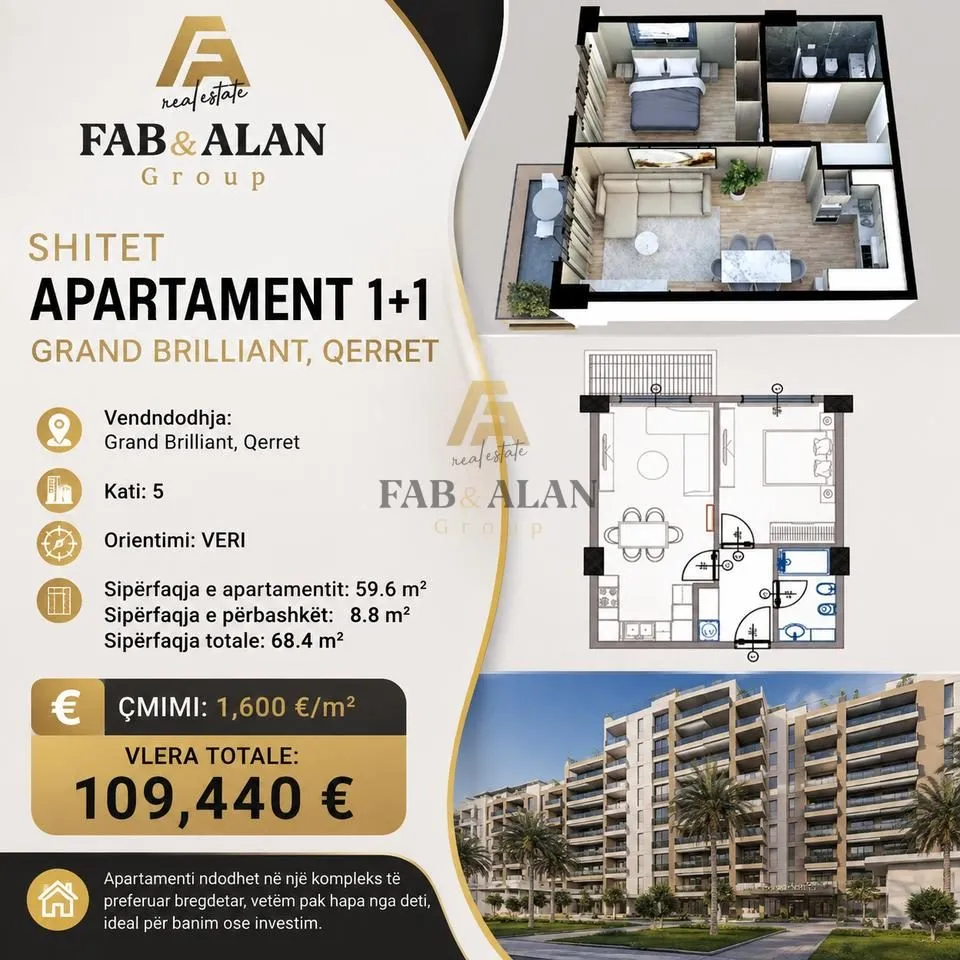 Apartament 1+1 në shitje në Qerret, Kavajë, 68 m². Foto 1 nga 3