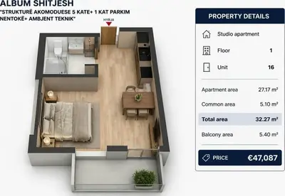 Studio for sale in Mali i Robit, Durrës, 37 m². Photo 3 of 3