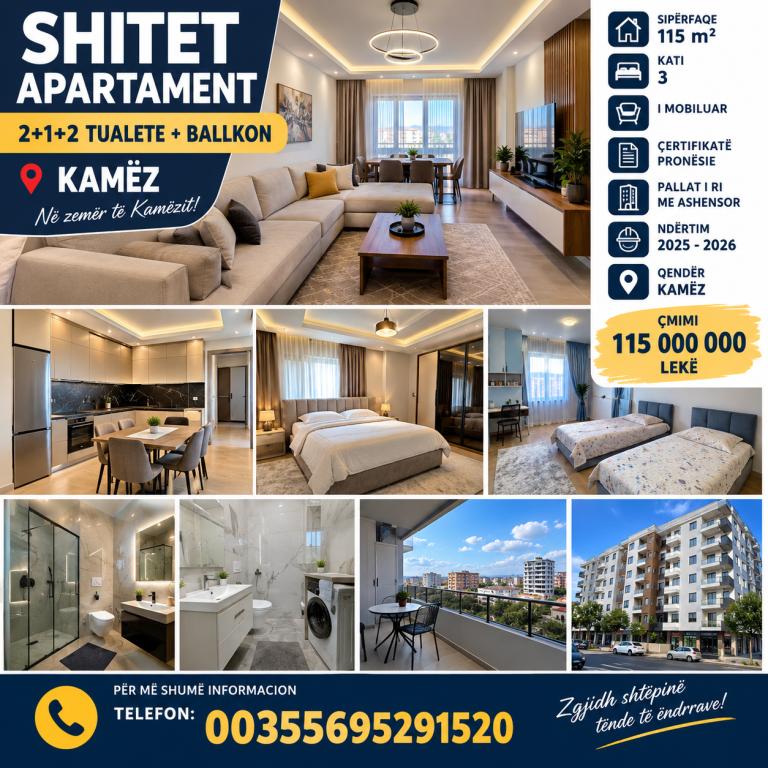 Appartamento 2+1 in vendita a Rruga OSBE, Kamza, 115 m²